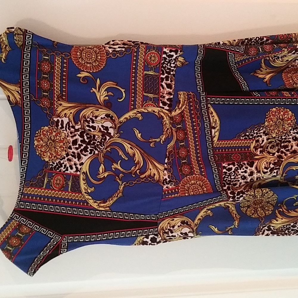 EUC dress barn mock wrap dress sleeveless blue gold red black size 16 - Picture 5 of 6
